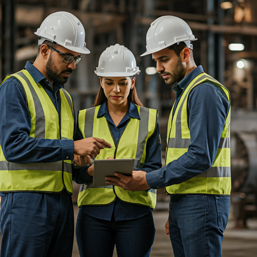 Team of engineers reviewing schematics