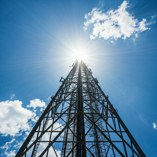 A professional low angle shot of a massive steel telecommunications tower